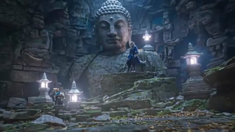 Wan 3.0 video generation demo: warrior before a giant stone Buddha in lantern-lit ruins