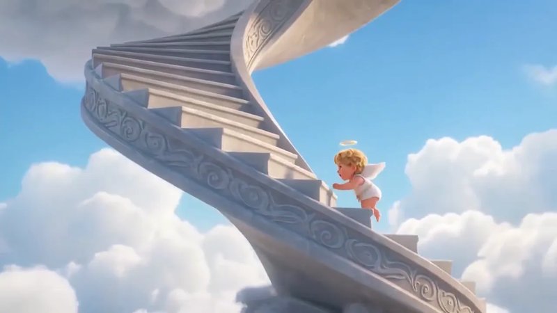 A cherub climbs a spiral marble staircase through the clouds — a long Wan 3.0 single take