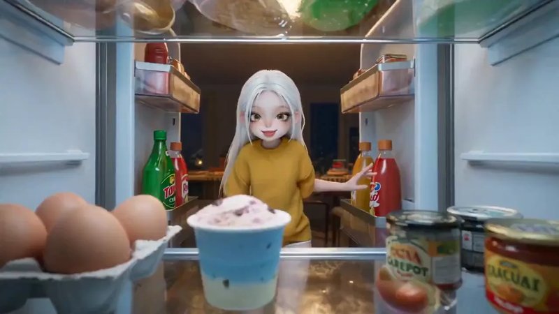 Wan 3.0 AI video demo: stylized character opening a fridge at night